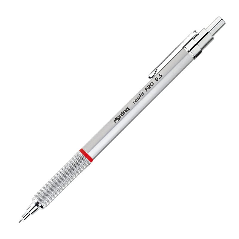 rOtring Rapid Pro Retractable Ballpoint Technical Drawing Pen, Medium Point, Blue Ink, Silver Full-Metal Body - Image 1